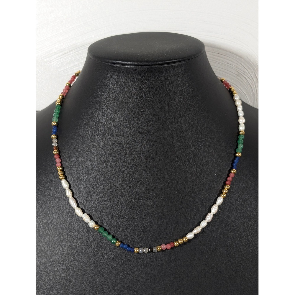 Artisan‎ Multicolor Stone Freshwater Pearl Beaded Necklace Gold Tone 18 Inch